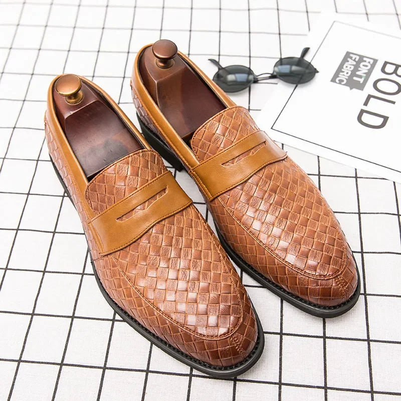 Men's Brown Loafers - Handcrafted Woven Leather Footwear for Comfort and Style