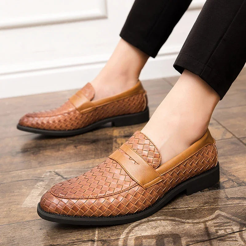 Men's Brown Loafers - Handcrafted Woven Leather Footwear for Comfort and Style