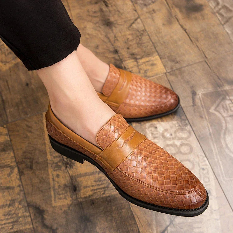 Men's Brown Loafers - Handcrafted Woven Leather Footwear for Comfort and Style