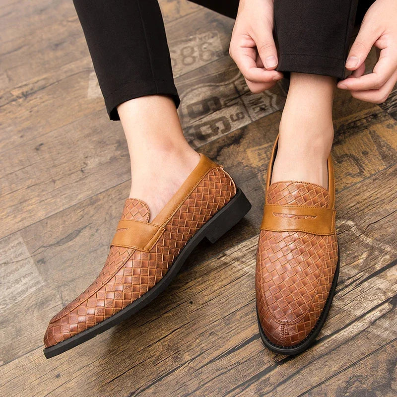 Men's Brown Loafers - Handcrafted Woven Leather Footwear for Comfort and Style