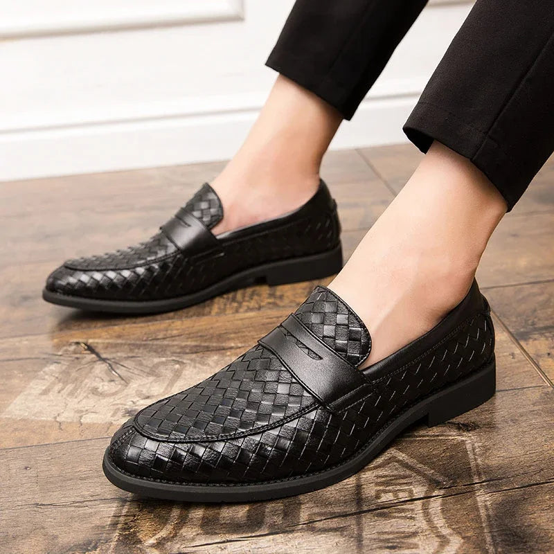 Men's Brown Loafers - Handcrafted Woven Leather Footwear for Comfort and Style